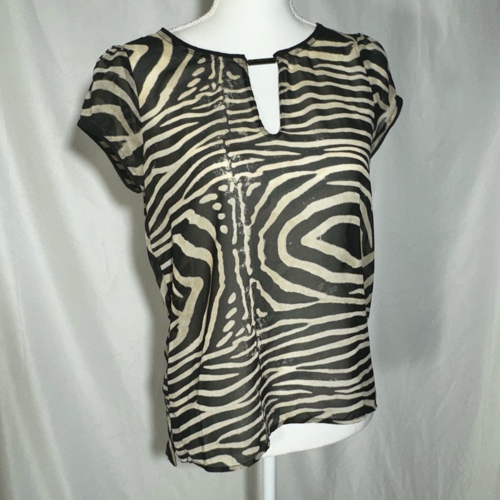 Zara Basics Top Animal Print Sheer Black and Cream Short Sleeves Womens Small